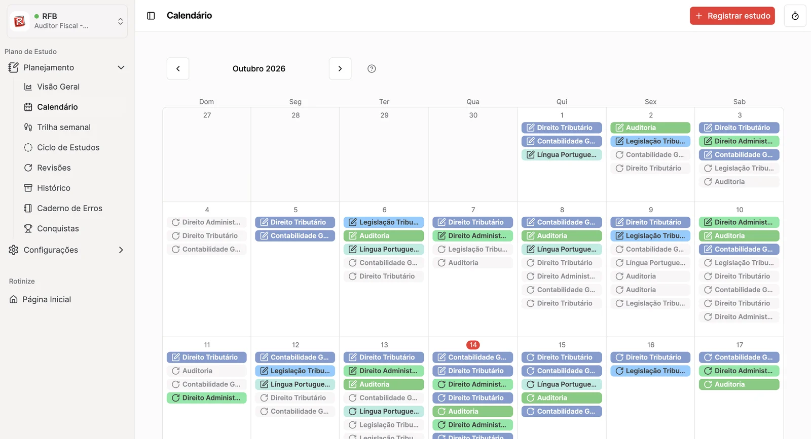 Tela do calendário do Rotinize