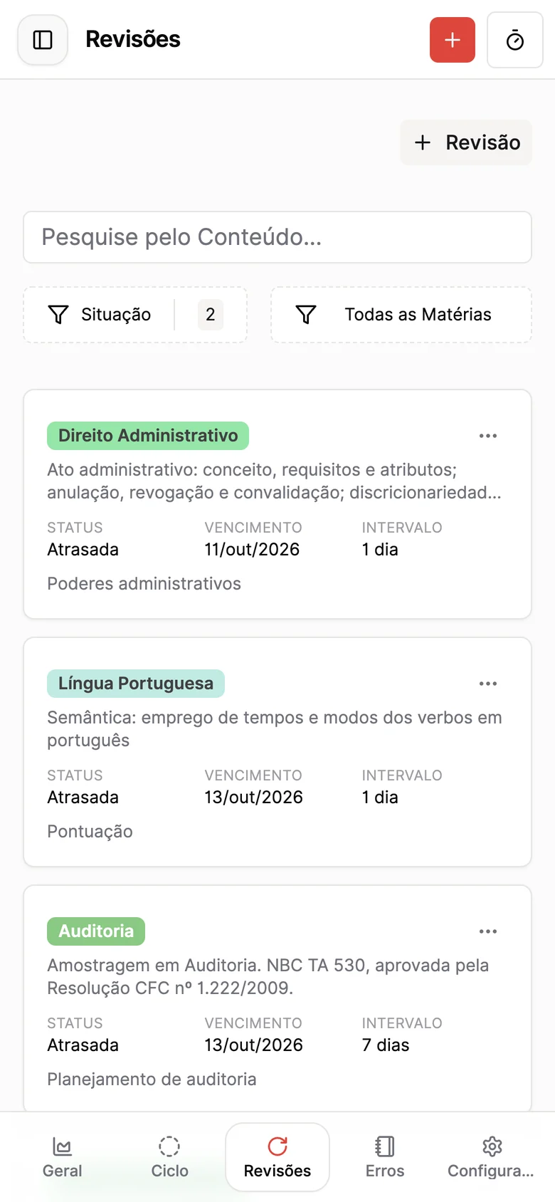 Lista de revisões no celular